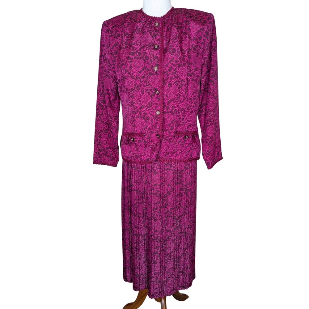 Vintage Andrea Gayle Womens 6 Pink Floral Satin Pleated Skirt Button Jacket Set